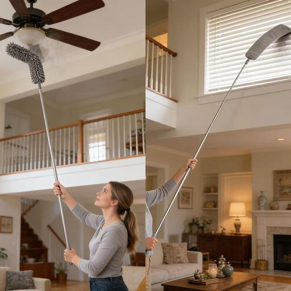 Profi 5in1 Staubwedel Set mit Teleskopstange 210cm ausziehbar, biegsamer Mikrofaser Staubwischer für Deckenventilatoren, Möbel & hohe Ecken