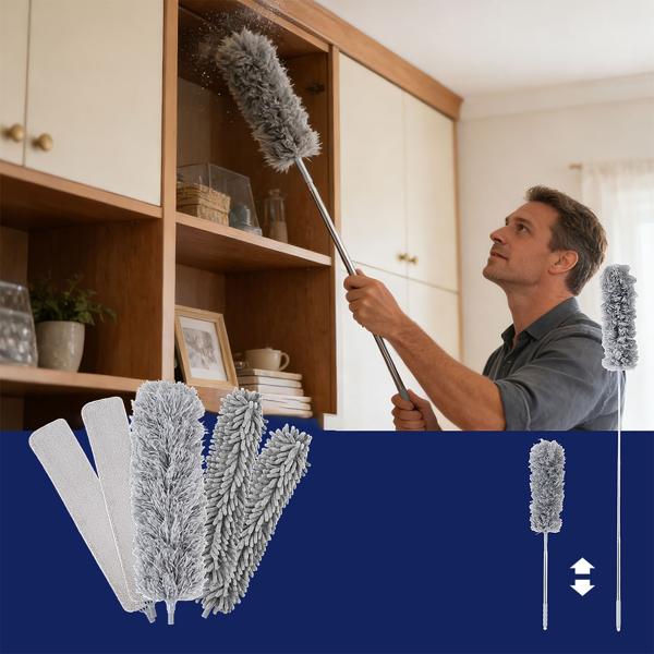 Profi 5in1 Staubwedel Set mit Teleskopstange 210cm ausziehbar, biegsamer Mikrofaser Staubwischer für Deckenventilatoren, Möbel & hohe Ecken