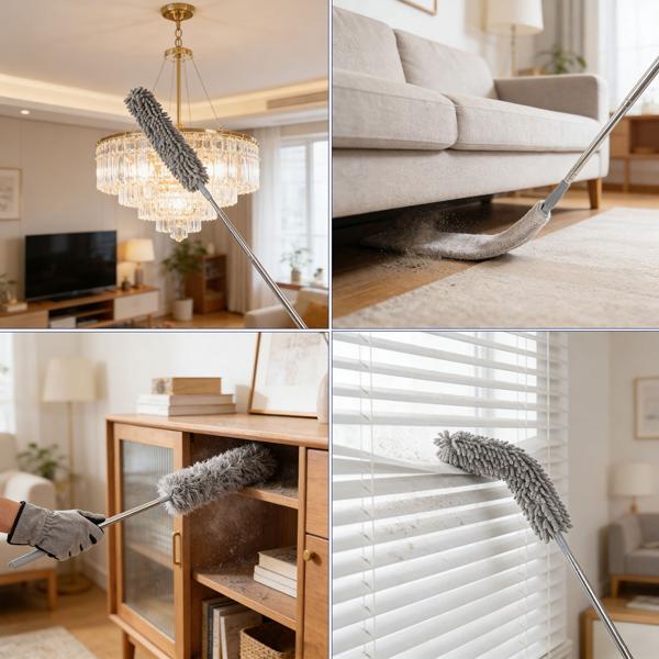Profi 5in1 Staubwedel Set mit Teleskopstange 210cm ausziehbar, biegsamer Mikrofaser Staubwischer für Deckenventilatoren, Möbel & hohe Ecken