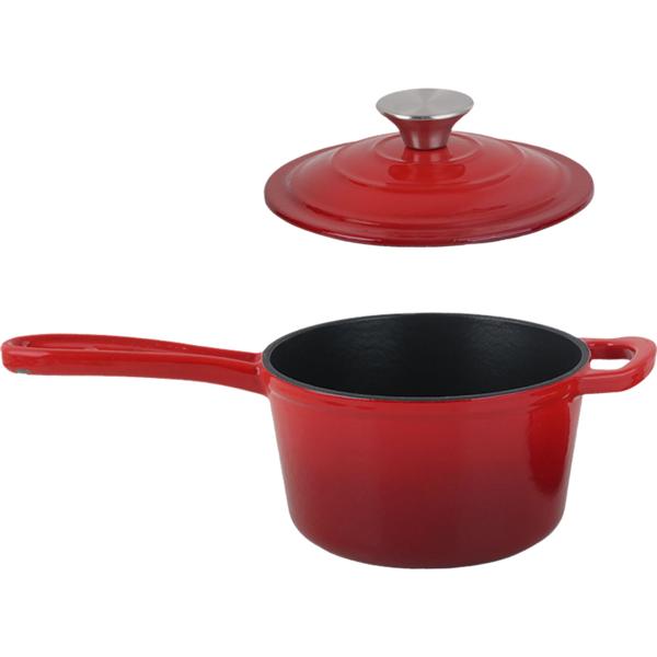 Gusseisen Stielkasserolle mit Deckel Rot, Ø 17cm, 1,6 Liter Volumen, hochwertiger Saucentopf für alle Herdarten & Induktion, 17x10 cm, 2,65kg