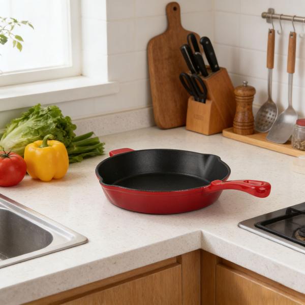 Gusseisen Pfanne Rot Ø 26,3 cm mit Ausgiesser, hochwertige Bratpfanne aus Guss für Induktion, Grillpfanne emailliert für Fleisch und Gemüse, 26 cm