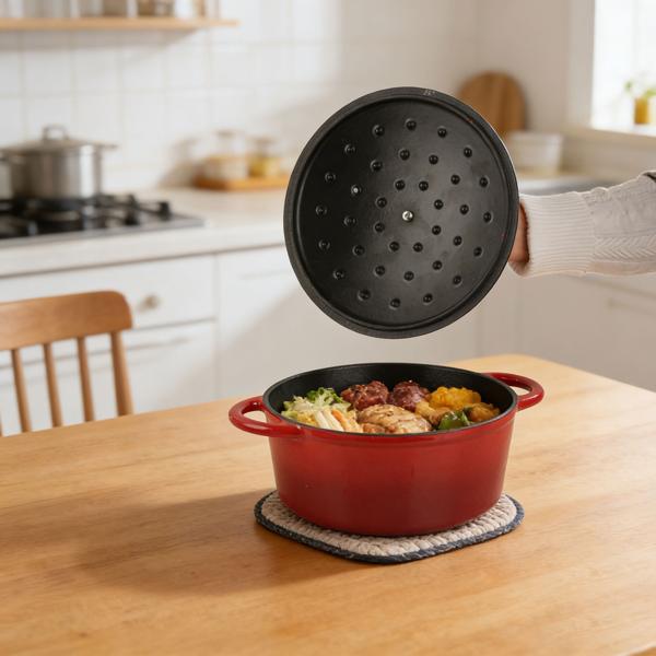 Pentola in ghisa con coperchio 22 cm rotonda, casseruola smaltata 2,2 L rossa, brasiera per tutti i tipi di piano cottura, anche a induzione, pentola professionale adatta al forno