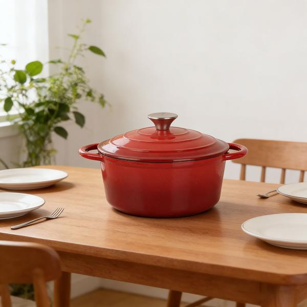 Pentola in ghisa con coperchio 22 cm rotonda, casseruola smaltata 2,2 L rossa, brasiera per tutti i tipi di piano cottura, anche a induzione, pentola professionale adatta al forno