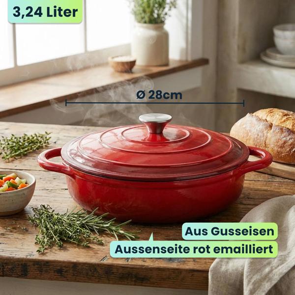 Gusseisen Topf mit Deckel 28cm Rund, Emaillierter Schmortopf 3,24L Rot, Bräter für alle Herdarten wie Induktion, Backofenfestes Kochgeschirr Profi