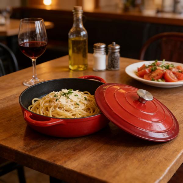 Cocotte en fonte avec couvercle, 28 cm, rouge – compatible tous feux, dont induction – passe au four – matériel professionnel