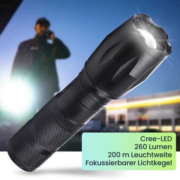 2er-Set Wiederaufladbare Cree LED-Taschenlampe 260 lm mit Powerbank 1200mAh, 10 Watt, Lichtkegel mit Zoom, Blinklicht Modus für Notfälle