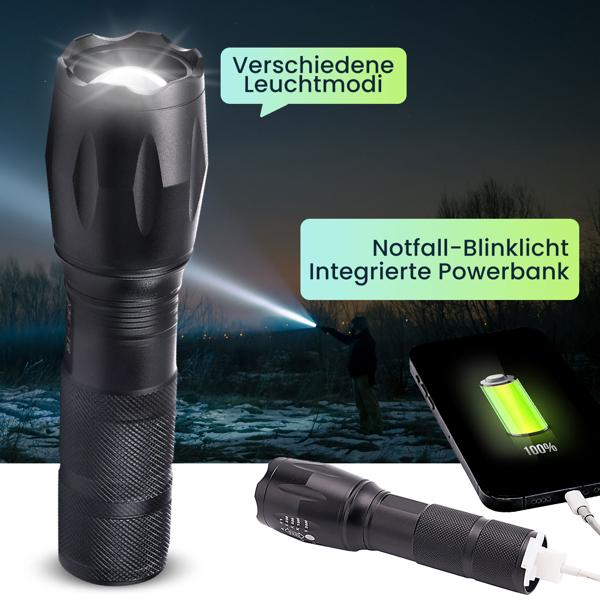 2er-Set Wiederaufladbare Cree LED-Taschenlampe 260 lm mit Powerbank 1200mAh, 10 Watt, Lichtkegel mit Zoom, Blinklicht Modus für Notfälle