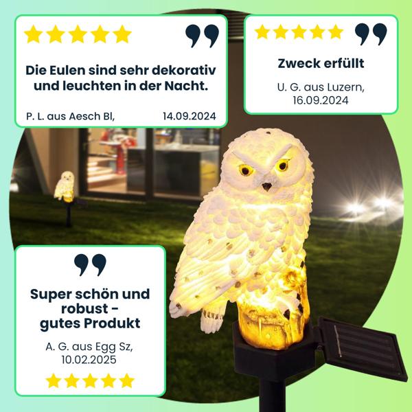 Originelle LED Solar Eule, wetterfest und witterungsbeständig, Solar Gartenleuchte mit Dämmerungssensor, effektvolle Lichtquelle für Garten und Balkon