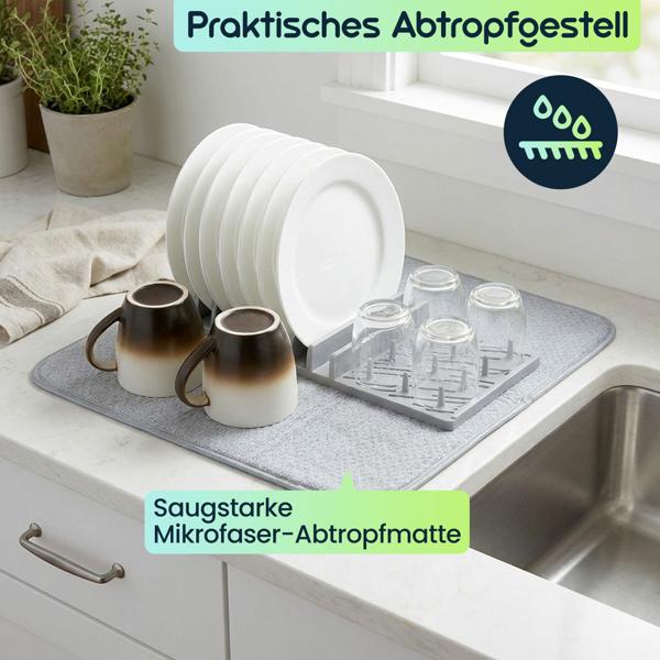 Praktisches Abtropfgestell & Saugstarke Mikrofaser-Abtropfmatte, hellgrau – Platzsparendes Abtropftuch Set für schnelles Trocknen von Geschirr