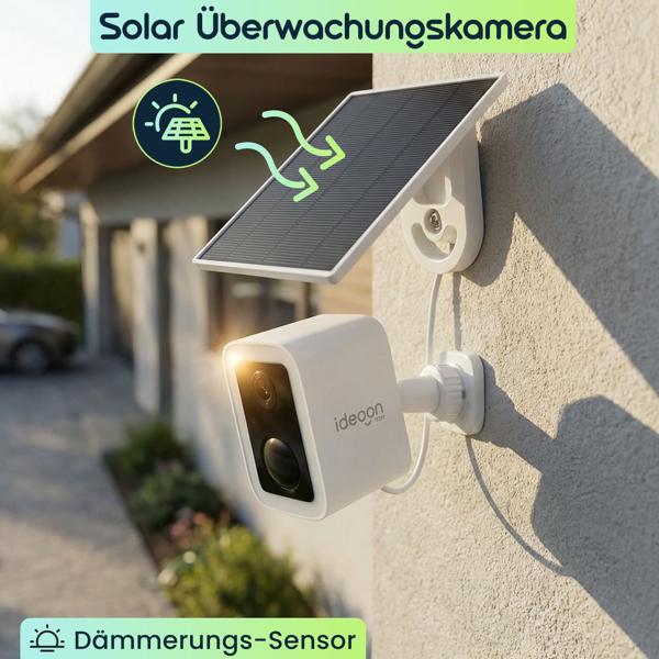 WLAN Solar Überwachungskamera Aussen 3MP, Autarke IP66 Funkkamera mit Flutlicht, App-Steuerung, PIR-Sensor & Gegensprechanlage, Weiss