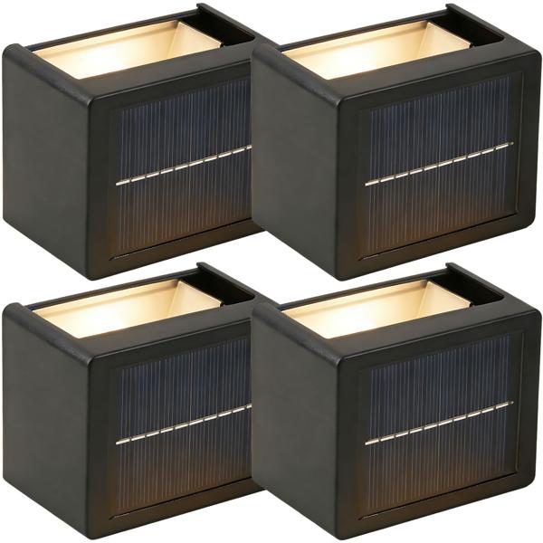 4er Set LED Solar Wandleuchte für Aussen: Warmweiss/Kaltweiss Garten-Lampe mit Akku & Sensor, IP44 Wasserfest, Deko Strahler für Zaun & Wand