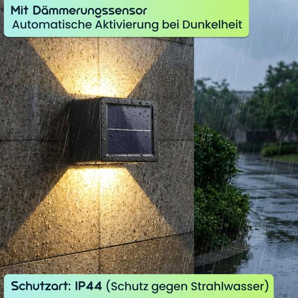 4er Set LED Solar Wandleuchte für Aussen: Warmweiss/Kaltweiss Garten-Lampe mit Akku & Sensor, IP44 Wasserfest, Deko Strahler für Zaun & Wand