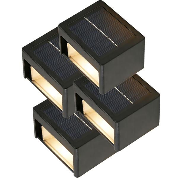 4er Set LED Solar Wandleuchte für Aussen: Warmweiss/Kaltweiss Garten-Lampe mit Akku & Sensor, IP44 Wasserfest, Deko Strahler für Zaun & Wand