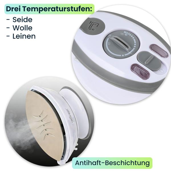 Leichtes Reise-Dampfbügeleisen: Mini-Bügeleisen mit 110/230V umschaltbar, 3 Stufen, Antihaft-Sohle & Tasche, ideal für Urlaub & Dienstreise