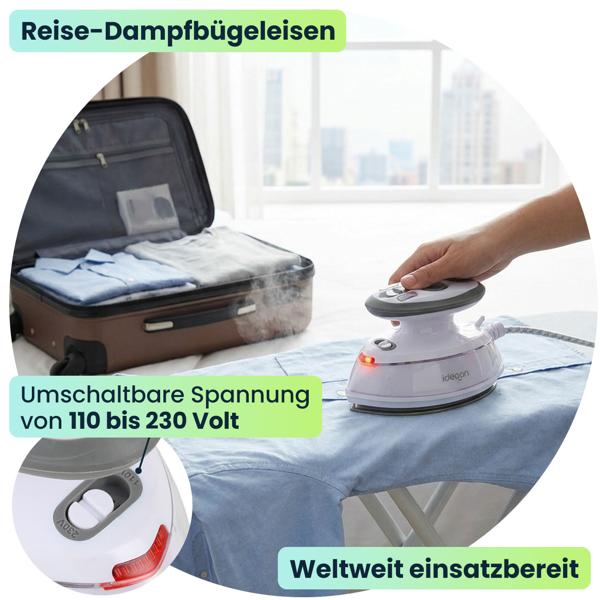 Leichtes Reise-Dampfbügeleisen: Mini-Bügeleisen mit 110/230V umschaltbar, 3 Stufen, Antihaft-Sohle & Tasche, ideal für Urlaub & Dienstreise