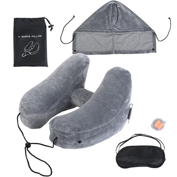 Coussin de voyage confortable gonflable en forme de H avec capuche, set coussin cervical incl. masque de sommeil & bouchons d’oreilles, idéal pour avion & voiture, gris, 35x32 cm
