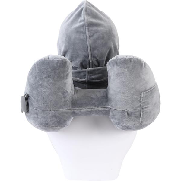 Coussin de voyage confortable gonflable en forme de H avec capuche, set coussin cervical incl. masque de sommeil & bouchons d’oreilles, idéal pour avion & voiture, gris, 35x32 cm