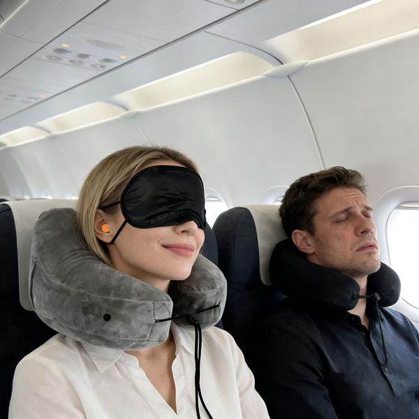 Coussin de voyage confortable gonflable en forme de H avec capuche, set coussin cervical incl. masque de sommeil & bouchons d’oreilles, idéal pour avion & voiture, gris, 35x32 cm