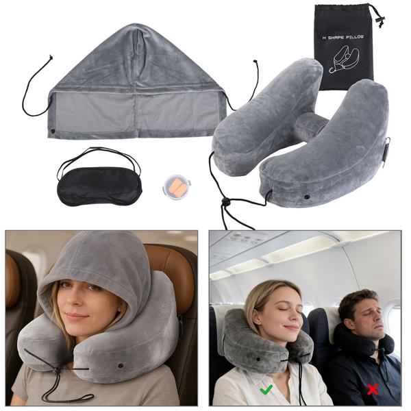 Coussin de voyage confortable gonflable en forme de H avec capuche, set coussin cervical incl. masque de sommeil & bouchons d’oreilles, idéal pour avion & voiture, gris, 35x32 cm