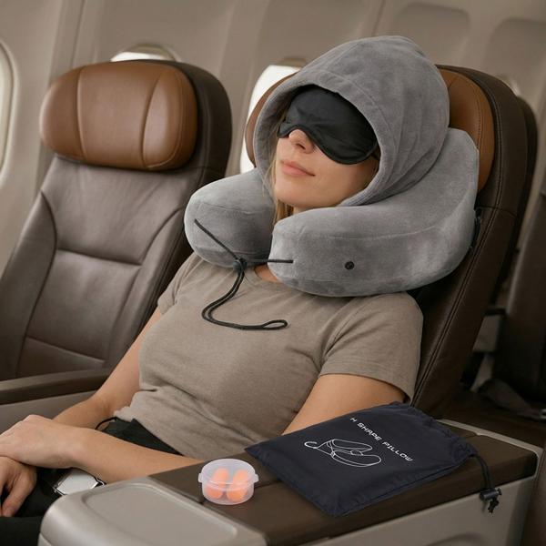 Coussin de voyage confortable gonflable en forme de H avec capuche, set coussin cervical incl. masque de sommeil & bouchons d’oreilles, idéal pour avion & voiture, gris, 35x32 cm