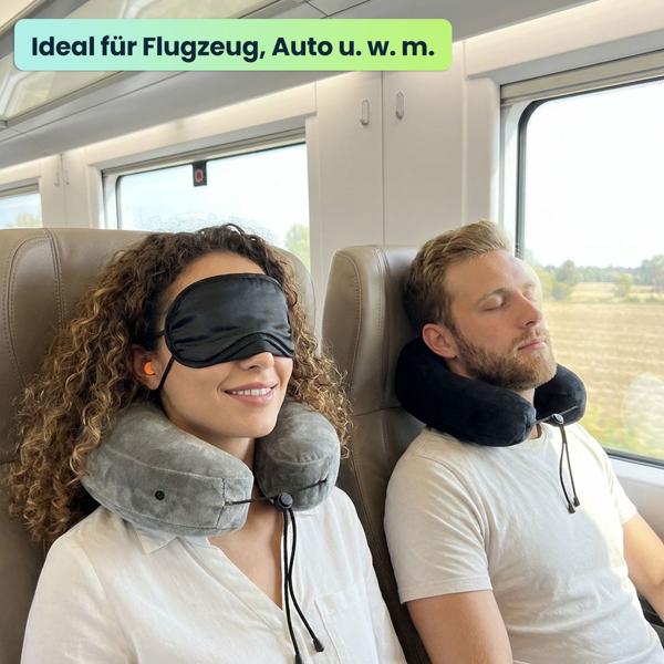 Bequemes H-Form Reisekissen aufblasbar mit Kapuze, Nackenhörnchen-Set inkl. Augenmaske & Ohrstöpsel, ideal für Flugzeug & Auto, Grau, 35x32cm