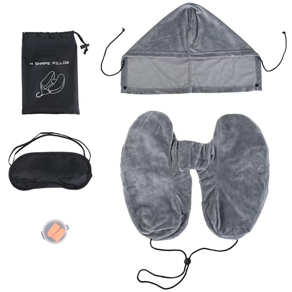 Coussin de voyage confortable gonflable en forme de H avec capuche, set coussin cervical incl. masque de sommeil & bouchons d’oreilles, idéal pour avion & voiture, gris, 35x32 cm