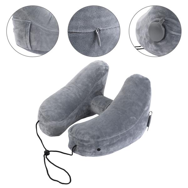 Coussin de voyage confortable gonflable en forme de H avec capuche, set coussin cervical incl. masque de sommeil & bouchons d’oreilles, idéal pour avion & voiture, gris, 35x32 cm