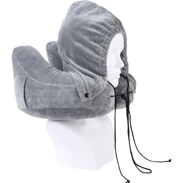 Coussin de voyage confortable gonflable en forme de H avec capuche, set coussin cervical incl. masque de sommeil & bouchons d’oreilles, idéal pour avion & voiture, gris, 35x32 cm