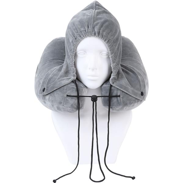 Coussin de voyage confortable gonflable en forme de H avec capuche, set coussin cervical incl. masque de sommeil & bouchons d’oreilles, idéal pour avion & voiture, gris, 35x32 cm