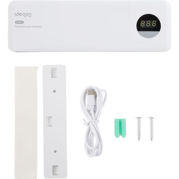 Porte-brosses à dents à UV – stérilisateur hygiénique pour 4 brosses à dents – sans perçage, chargement USB, écran LCD, blanc, 22 cm