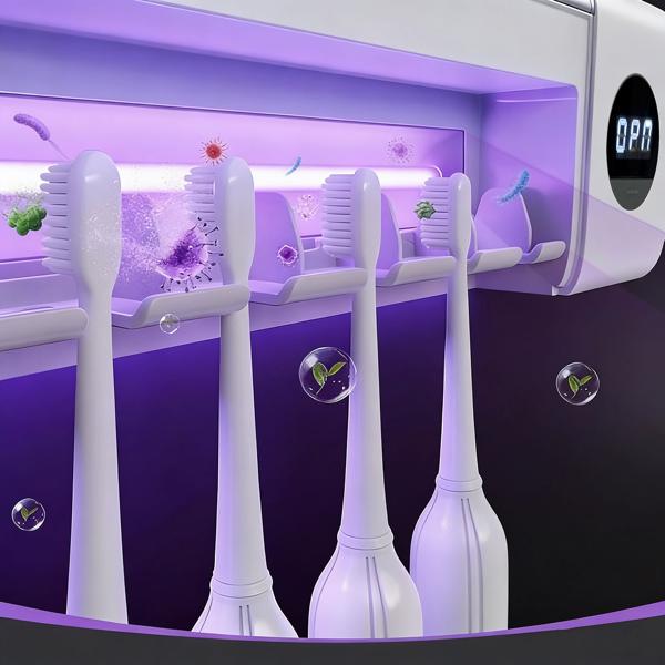 Porte-brosses à dents à UV – stérilisateur hygiénique pour 4 brosses à dents – sans perçage, chargement USB, écran LCD, blanc, 22 cm