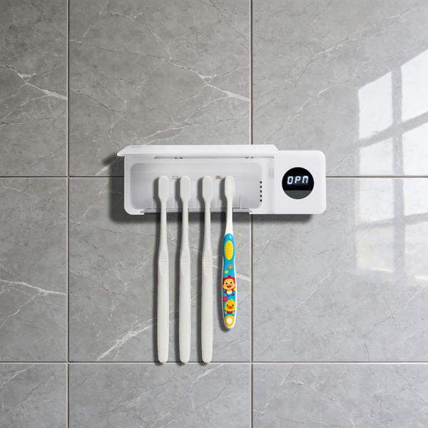 Porte-brosses à dents à UV – stérilisateur hygiénique pour 4 brosses à dents – sans perçage, chargement USB, écran LCD, blanc, 22 cm