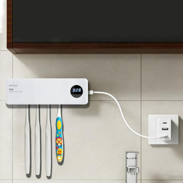 Porte-brosses à dents à UV – stérilisateur hygiénique pour 4 brosses à dents – sans perçage, chargement USB, écran LCD, blanc, 22 cm