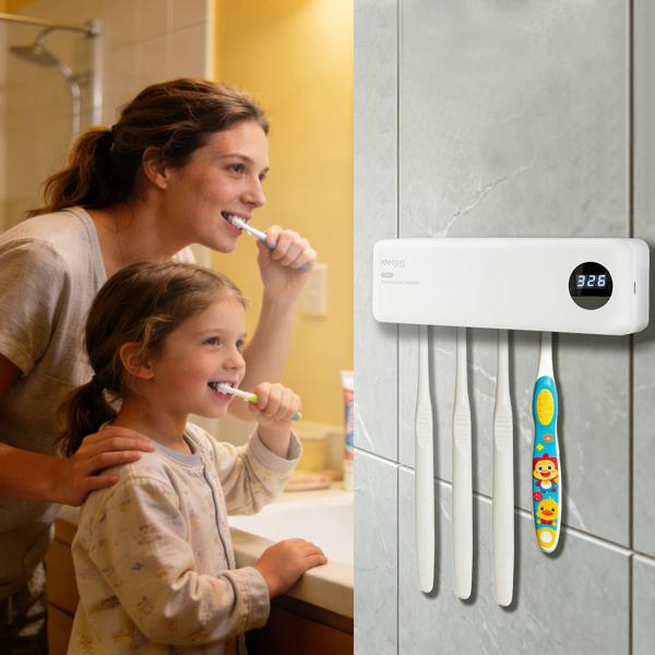 Porte-brosses à dents à UV – stérilisateur hygiénique pour 4 brosses à dents – sans perçage, chargement USB, écran LCD, blanc, 22 cm