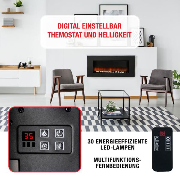 Luxuriöse Wandheizung 2000W – Eleganter elektrischer Kaminofen für Wohnzimmer & Schlafzimmer mit realistischem LED-Flammeneffekt, Thermostat & Timer