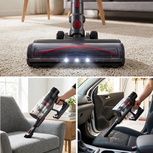 Aspirapolvere ciclonico a batteria per pavimenti 27 kPa, 430 W aspirapolvere manuale senza filo con filtro HEPA, illuminazione LED, tubo telescopico e 4 livelli di aspirazione, contenitore polvere 0,7 l