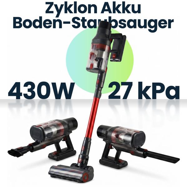 Zyklon Akku Boden-Staubsauger 27 kPa, 430W kabelloser Handstaubsauger mit HEPA Filter, LED Beleuchtung, Teleskoprohr und 4 Saugstufen, 0,7L Staubbehälter