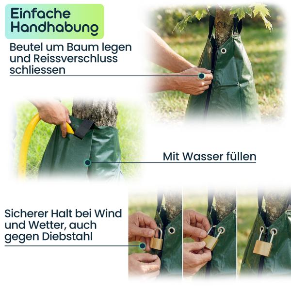 Baum-Bewässerungssack 75L Wassersack für Bäume - UV- & Wetterbeständiger PE Wasserbeutel mit Reissverschluss und 2 Ösen - 9h Tröpfchenbewässerung