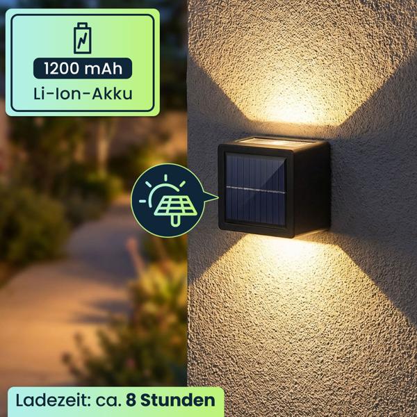 8er Set LED Solar Wandleuchte für Aussen: Warmweiss/Kaltweiss Garten-Lampe mit Akku & Sensor, IP44 Wasserfest, Deko Strahler für Zaun & Wand