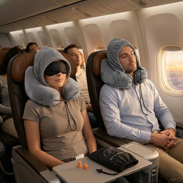 Set de 2 coussins de voyage confortables gonflables en forme de H avec capuche, set coussin de nuque incl. masque de sommeil et bouchons d’oreilles, idéal pour avion et voiture, gris, 35x32 cm