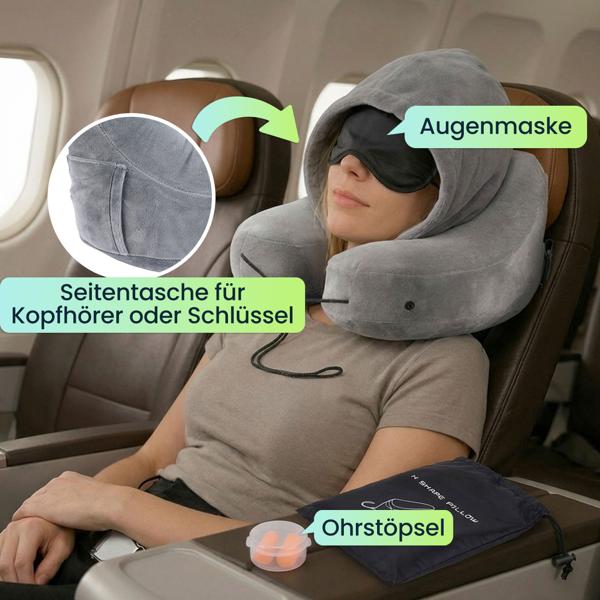 2er-Set Bequemes H-Form Reisekissen aufblasbar mit Kapuze, Nackenhörnchen-Set inkl. Augenmaske & Ohrstöpsel, ideal für Flugzeug & Auto, Grau, 35x32cm