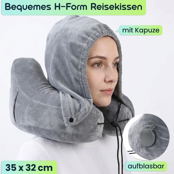2er-Set Bequemes H-Form Reisekissen aufblasbar mit Kapuze, Nackenhörnchen-Set inkl. Augenmaske & Ohrstöpsel, ideal für Flugzeug & Auto, Grau, 35x32cm