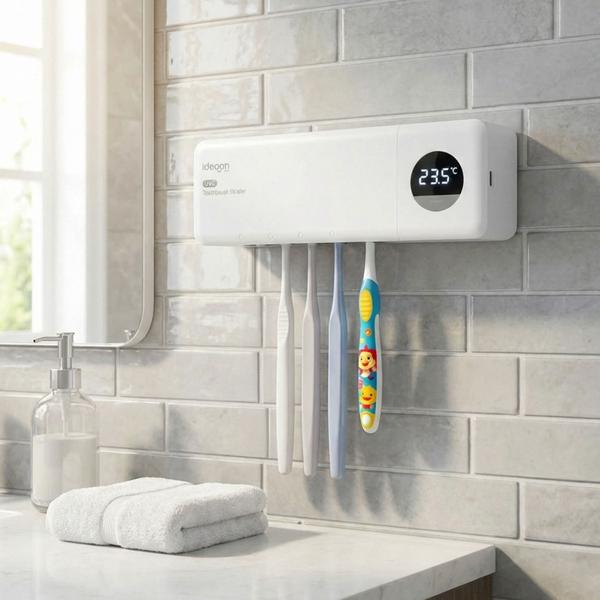 2er-Set UV Zahnbürstenhalter: Hygienischer Sterilisator für 4 Bürsten, Wandmontage ohne Bohren, USB-Akku, LCD & Trocknung, weiss, 22cm