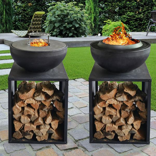 Hochwertige 2-in-1 Feuerschale mit Grillfunktion und Holzfach, raucharm - Luxus Outdoor Feuerstelle & Plancha Grill: Perfekt für Garten & Terrasse