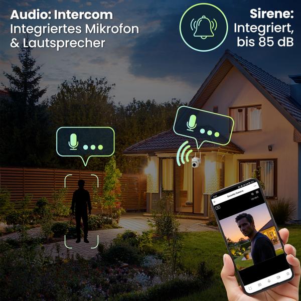 2er-Set Outdoor Überwachungskamera 2K WLAN IP65 Wetterfest: 355 Grad Aussen-Kamera mit Personenerkennung, App, Nachtsicht & Intercom-System