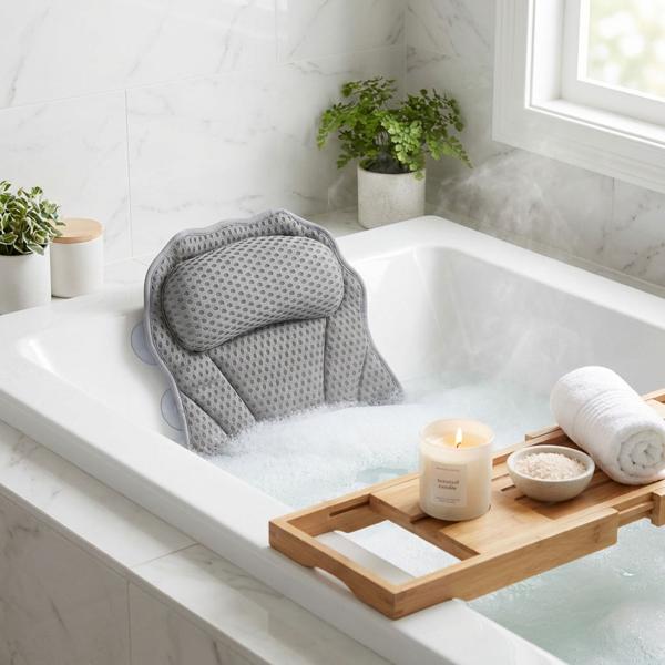 Coussin de bain ergonomique 4D – coussin de luxe avec 6 ventouses, gris foncé – soutien confortable de la nuque et de la tête – détente absolue