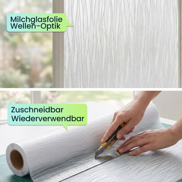 3D Sichtschutzfolie Wellendesign für Fenster 45x200 cm - Statisch haftende Blickschutzfolie mit UV-Schutz  - Wiederverwendbare Dekofolie