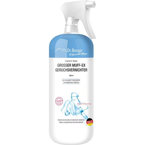 Muff-Ex Elimina Odori Senza Profumo, Flacone con Erogatore a Pompa, 500 ml – Spray Neutralizzante Odori Efficace per Auto, Tessuti, Imbottiti e Scarpe