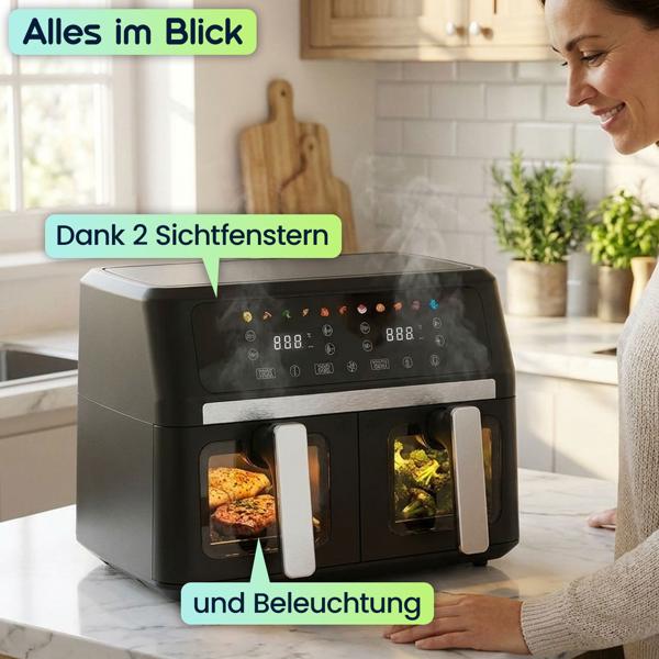 Doppelkorb Heissluftfritteuse 9L Dual Zone Air Fryer – 2x 4,5L Körbe mit Sichtfenster 2400W – LED Touch Display – XXL Heissluft Fritteuse Doppelkammer