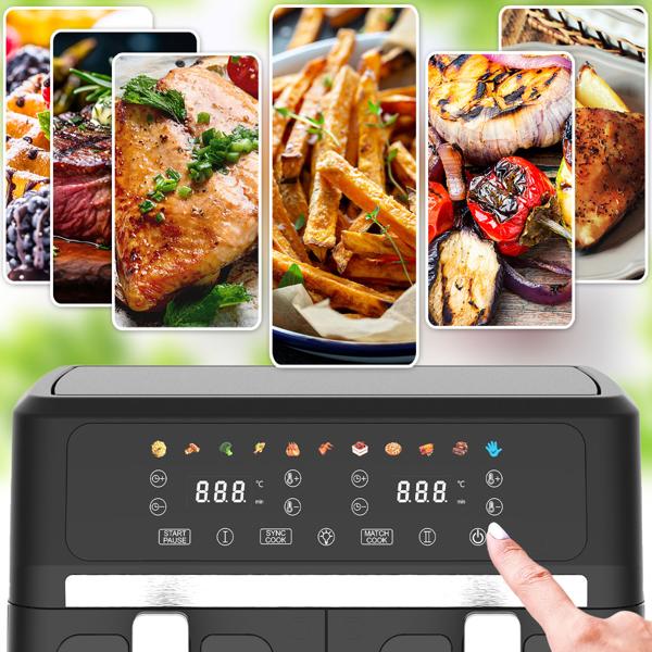 Friggitrice ad aria calda 9L a doppio cestello Dual Zone – 2 x 4,5L con oblò 2400W – display touch LED – friggitrice ad aria XXL a doppia camera